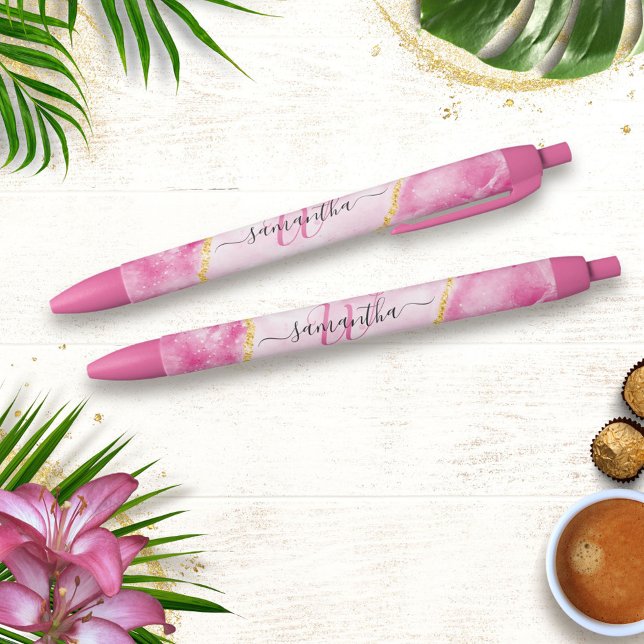 Monogrammed Elegant Modern Girly Glam Pink Marble Pen (Creator Uploaded)