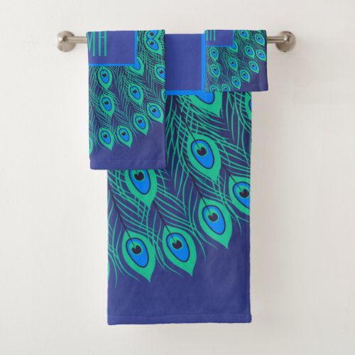 Monogrammed Elegant Modern Peacock Blue Teal   Bath Towel Set