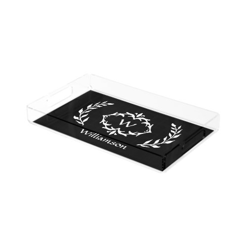 Monogrammed Elegant Modern Wreath Black and White Acrylic Tray