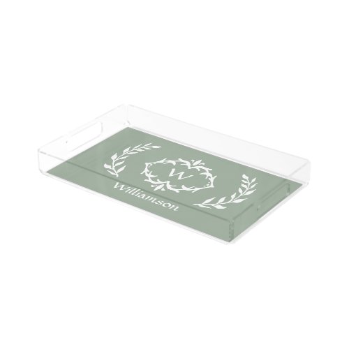 Monogrammed Elegant Modern Wreath Sage Green White Acrylic Tray