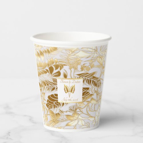 Monogrammed Elegant Monstera Gilded Gold Wedding  Paper Cups