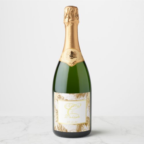 Monogrammed Elegant Monstera Gilded Gold Wedding Sparkling Wine Label