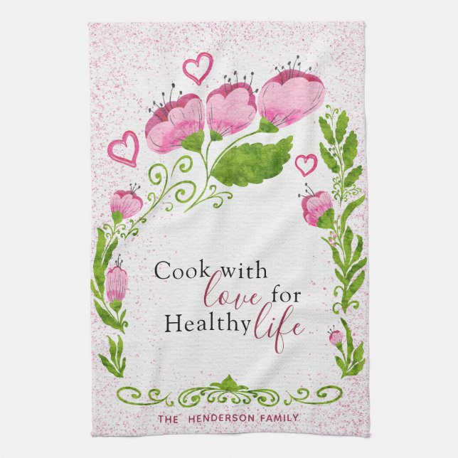 Monogrammed Elegant Motivational Pink Floral Kitchen Towel (Vertical)