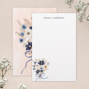 Monogrammed Elegant Navy Blue Flower Bouquet Stationery