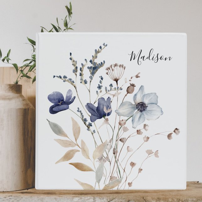 Monogrammed Elegant Navy Blue Flower Floral 3 Ring Binder (Close up)