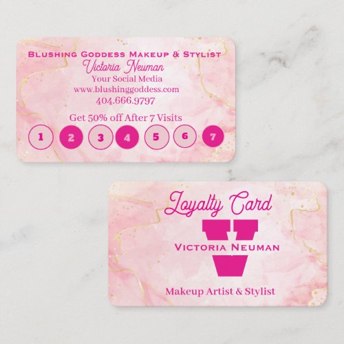 Monogrammed Elegant Pink Marble Glitter Salon Loyalty Card