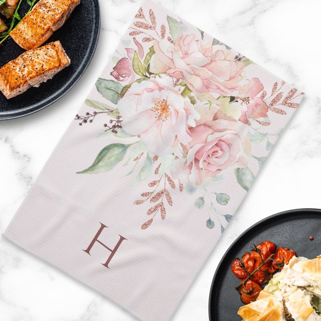 Monogrammed Elegant Pink Rose Peony Floral Kitchen Towel (In situ)
