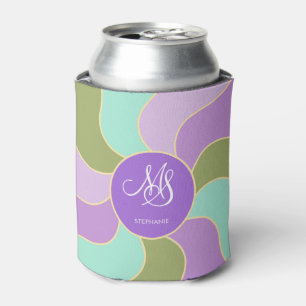 Monogrammed Elegant Purple Green Retro Sun Waves Can Cooler
