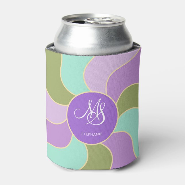 Monogrammed Elegant Purple Green Retro Sun Waves  Can Cooler (Can Front)