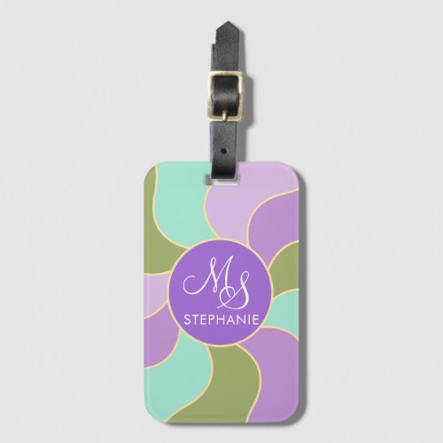 Monogrammed Elegant Purple Green Retro Sun Waves  Luggage Tag