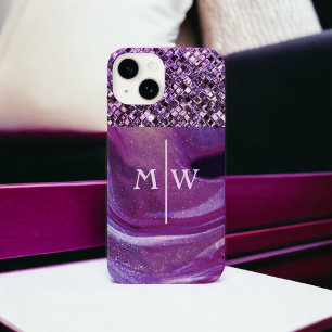 Monogrammed Elegant Purple Marble Glitter Luxury iPhone 14 Case