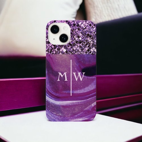 Monogrammed Elegant Purple Marble Glitter Luxury  iPhone 14 Case