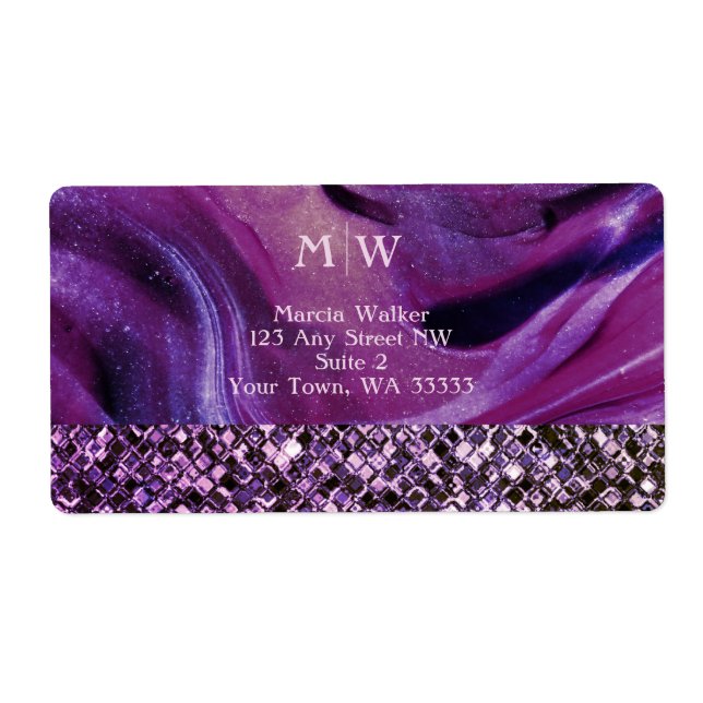 Monogrammed Elegant Purple Marble Glitter Luxury  Label (Front)