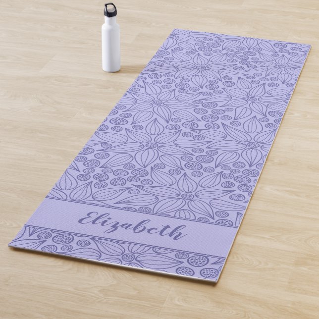 Monogrammed Elegant Purple Periwinkle Blue Floral Yoga Mat (In Situ)