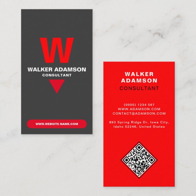 Monogrammed Elegant (QR Code) Red & Matte Black Business Card (Front/Back)