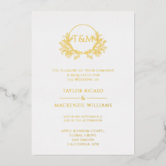 Monogrammed Elegant Real Foil Wreath Wedding Invitation