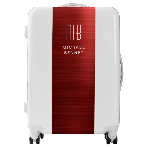 Monogrammed Elegant Red Faux Brushed Metallic Luggage