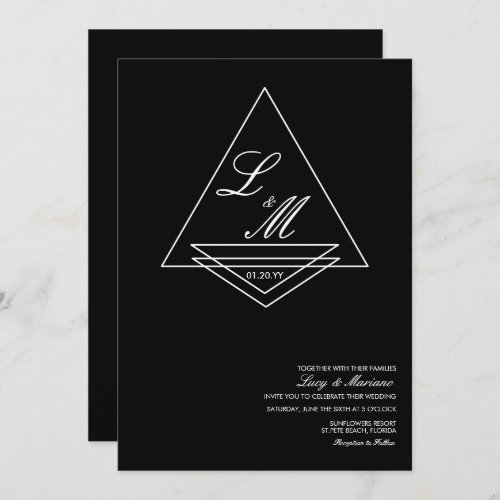 Monogrammed Elegant Script Art Deco Black Wedding Invitation