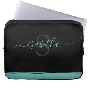 Monogrammed Elegant Script Teal Laptop Sleeve