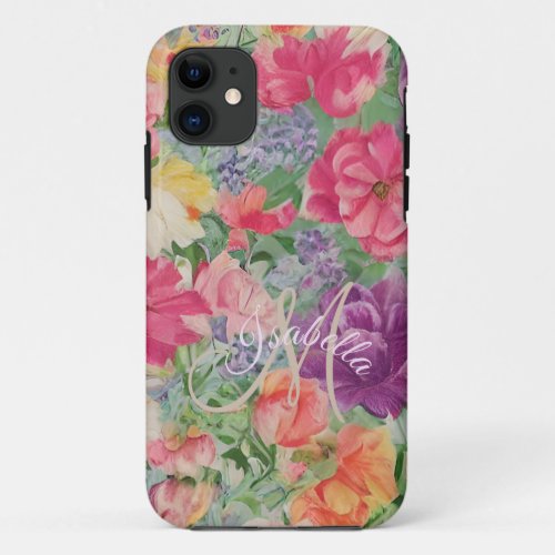 Monogrammed Elegant Summer Blooms Watercolor  iPhone 11 Case