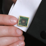 Monogrammed Emerald Green Agate Gold Dark Square Cufflinks<br><div class="desc">These elegant cufflinks feature an emerald green watercolor agate geode design with gold faux glitter highlights. Personalize them with his monogram initial in gold-colored text on an off-black square.They coordinate with our emerald green and gold agate dark wedding suite. Also available in round shape. They make great gifts for your...</div>