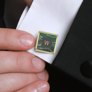 Monogrammed Emerald Green Agate Gold Dark Square Cufflinks