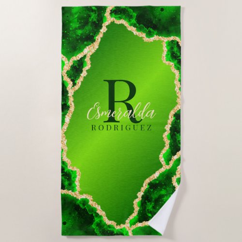 Monogrammed Emerald Green and Gold Agate Marble Beach Towel