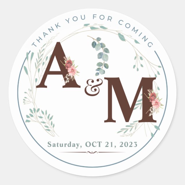 Monogrammed Eucalyptus Watercolor Wedding Sticker (Front)