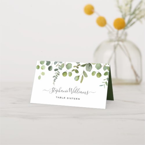 Monogrammed Eucalyptus Wedding Folded Place Card