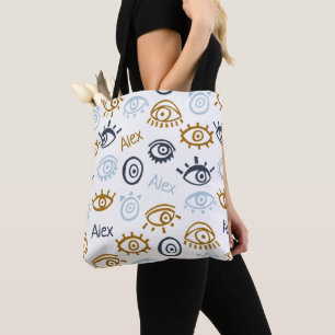 Monogrammed Evil Eye Pattern Add Name Tote Bag