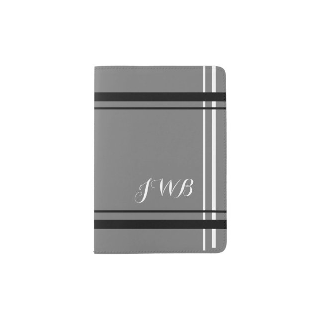 MONOGRAMMED, Executive GRAY w/ Double  borders Passport Holder (Front)