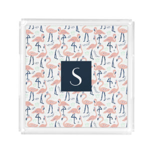 Monogrammed Exotic Pink Tropical Flamingo Pattern Acrylic Tray