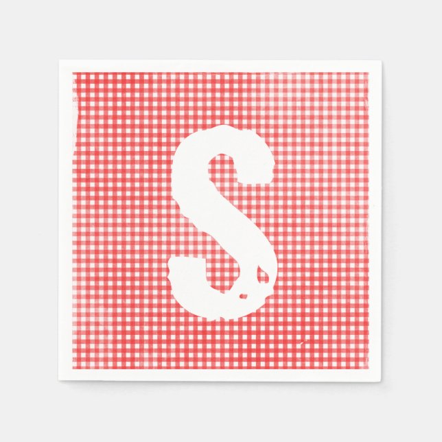monogrammed faded red and white gingham pattern napkins (Front)