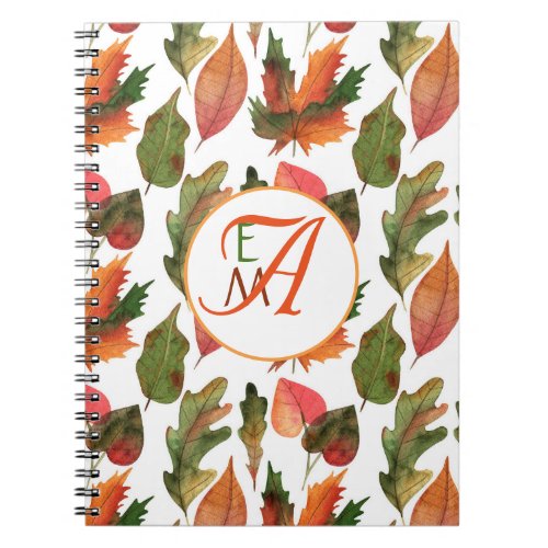 Monogrammed Fall Leaves Autumn Decor Orange Green Notebook