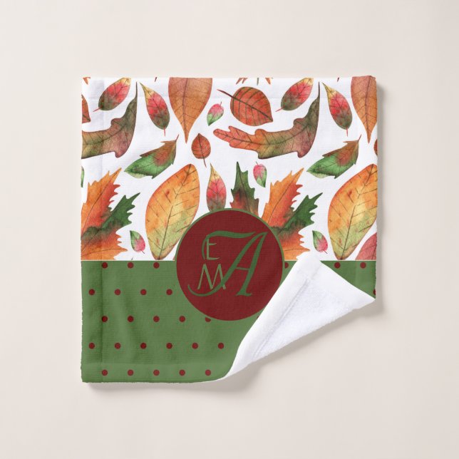 Monogrammed Fall Leaves Autumn Red Green Decor Bath Towel Set (Wash Cloth)