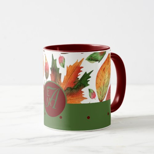 Monogrammed Fall Leaves Autumn Red Green Decor Mug