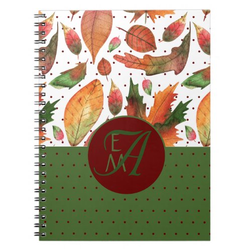 Monogrammed Fall Leaves Autumn Red Green Decor Notebook