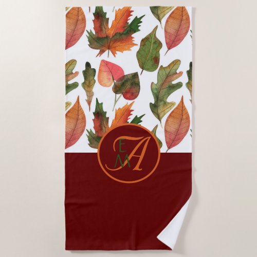 Monogrammed Fall Leaves Burgundy Autumn Decor Beach Towel