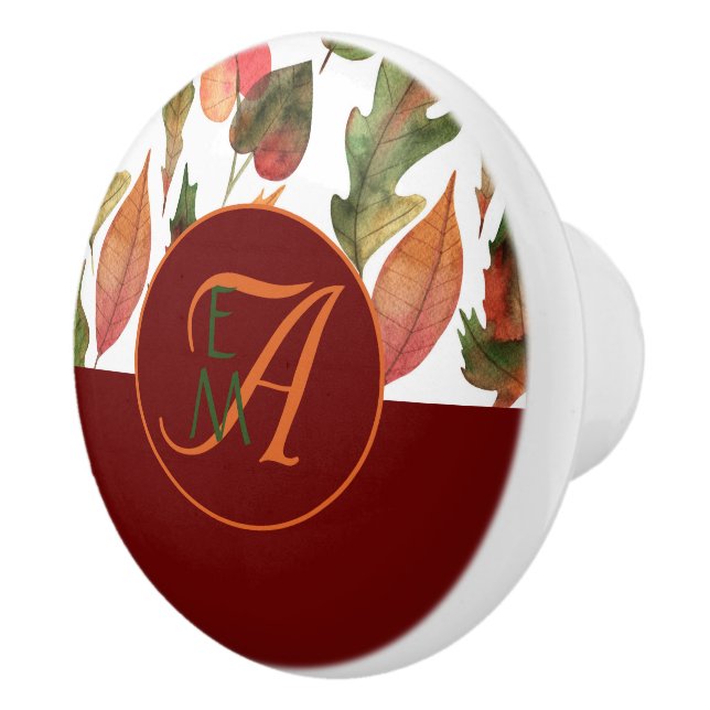 Monogrammed Fall Leaves Burgundy Autumn Decor Ceramic Knob (Right)