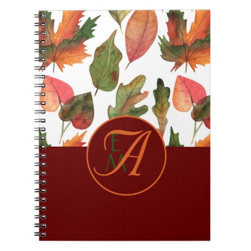 Monogrammed Fall Leaves Burgundy Autumn Decor Notebook