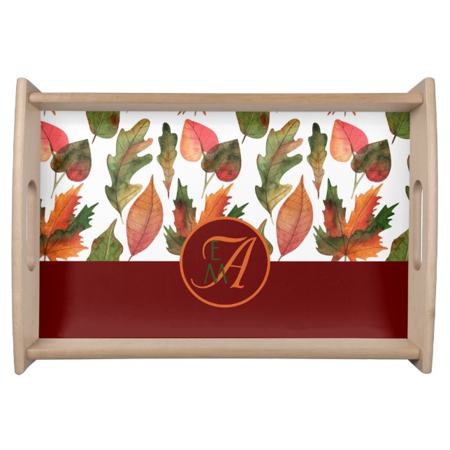 Monogrammed Fall Leaves Burgundy Autumn Decor Serving Tray (Front)