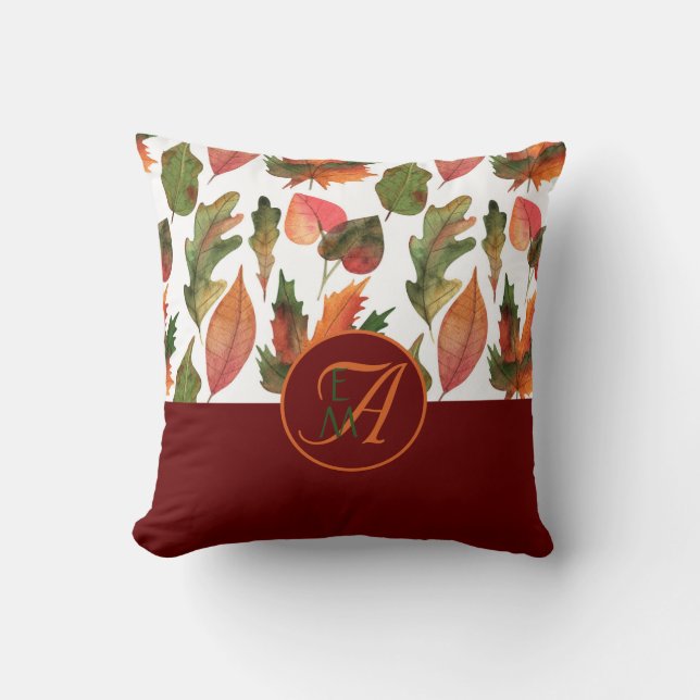 Monogrammed Fall Leaves Burgundy Autumn Decor Throw Pillow (Front)