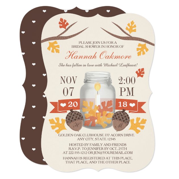 Monogrammed Fall Leaves Mason Jar Bridal Shower Invitation