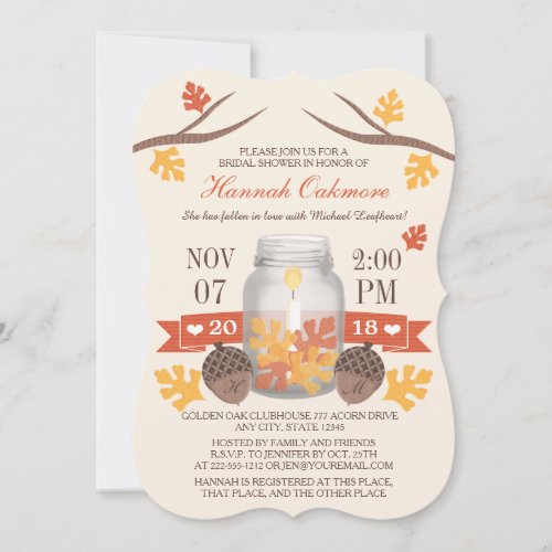 Monogrammed Fall Leaves Mason Jar Bridal Shower Custom Announcements
