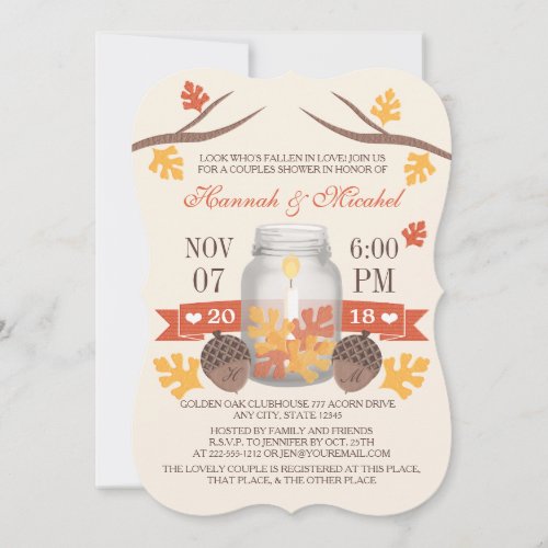 Monogrammed Fall Leaves Mason Jar Couples Shower Invite