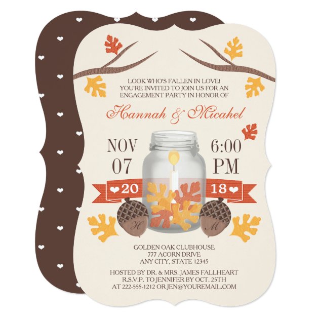 Monogrammed Fall Leaves Mason Jar Engagement Party Invitation