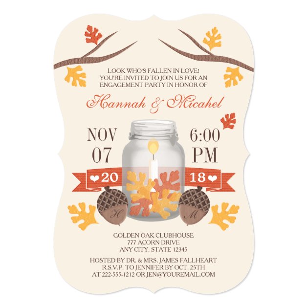 Monogrammed Fall Leaves Mason Jar Engagement Party Invitation