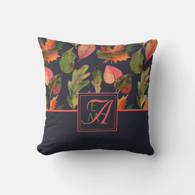 Monogrammed Fall Leaves Navy Blue Pink Decor Throw Pillow (Front)
