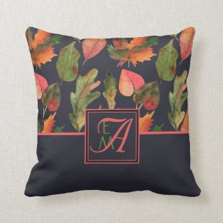 Monogrammed Fall Leaves Navy Blue Pink Decor Throw Pillow