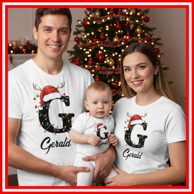Monogrammed Family Christmas Antlers Santa Hat T-Shirt (Creator Uploaded)
